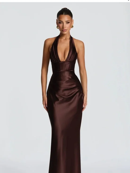 Halter Plunge Chocolate Brown Satin Maxi Dress with Corset - Picture 3 of 4